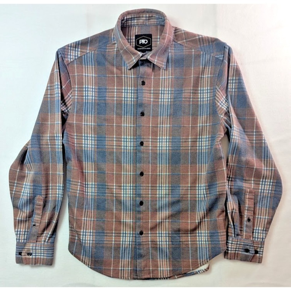 PTO Shirt Men MED Gray Brown Plaid Stretch Soft Knit Long Sleeve Casual Weekend